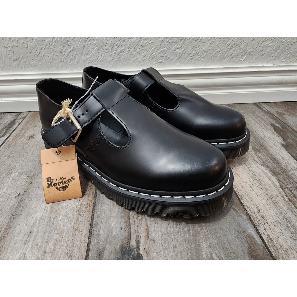 Dr Martens Womens Black Polley Air Wair Mary Jane Shoes Size 11 Grain T Bar New